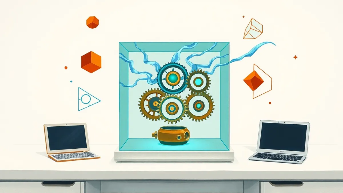 Illustration: A transparent glass box containing interlocking gears and flowing streams of blue light sits on a clean white desk.
