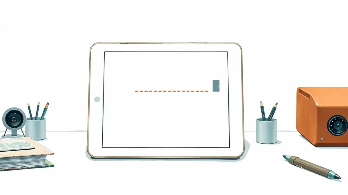 Illustration: A clean white desk holds a single tablet displaying a blank grid interface.