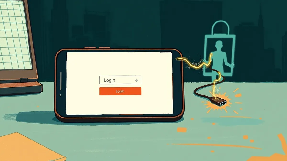 Illustration: A smartphone rests on a table with a blank browser window displaying a generic login interface.