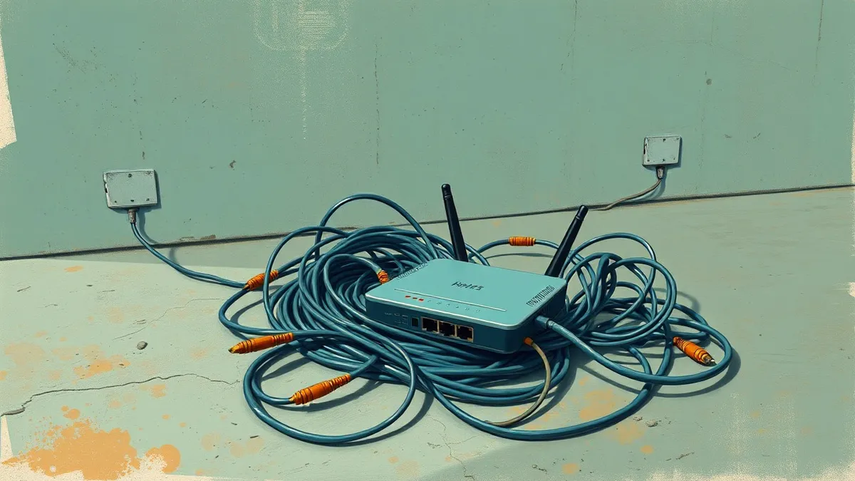 Illustration: A tangled knot of fiber optic cables rests on a dusty concrete floor, twisting around a small, isolated network router with blinking red lights.