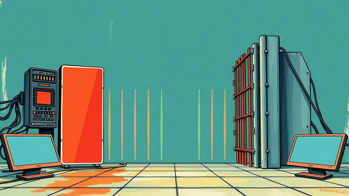 Illustration: A split digital barrier stands between two network pathways.