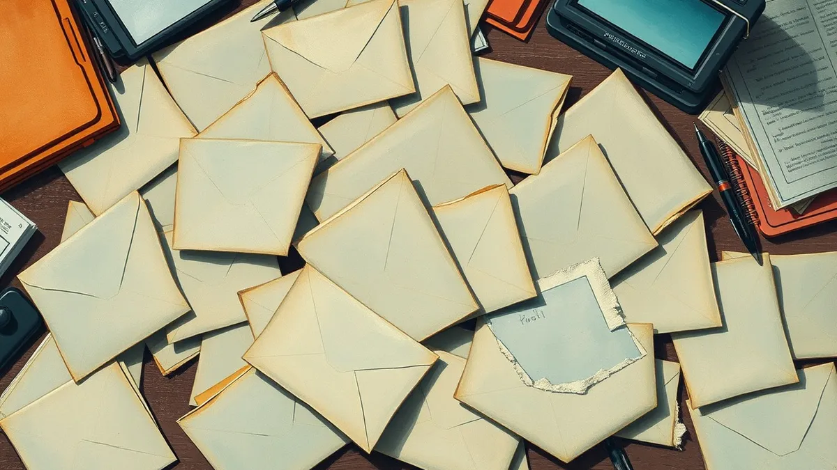 Illustration: A scattered pile of empty, blank paper envelopes lies on a cluttered desk.