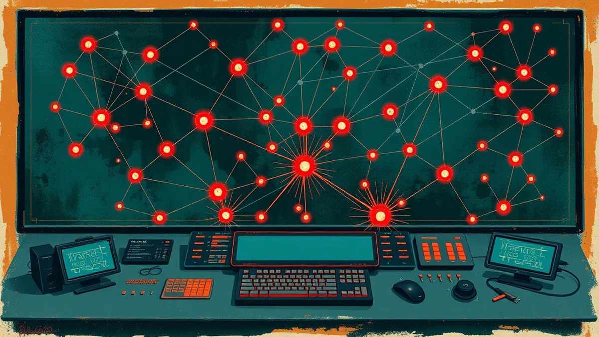 Illustration: A large central console displays intricate webs of abstract geometric lines connecting blank data blocks.