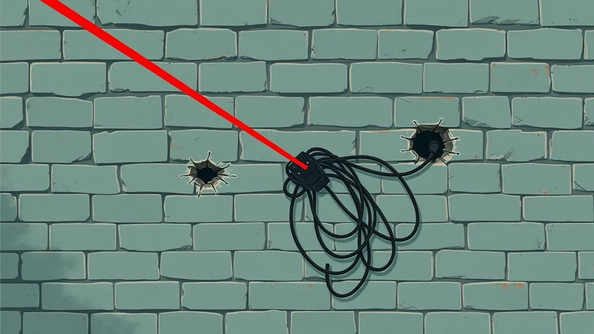 Illustration: A red laser beam scans a wall of gray bricks, highlighting small, isolated cracks.