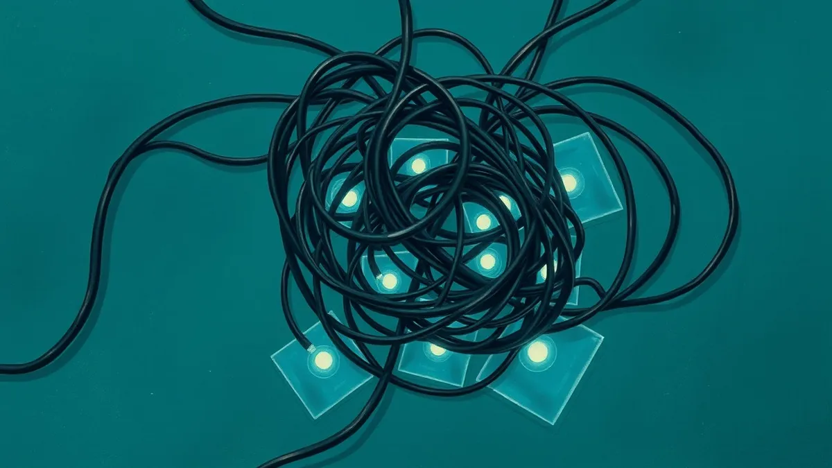 Illustration: A tangled knot of thick black cables floats in deep blue water.