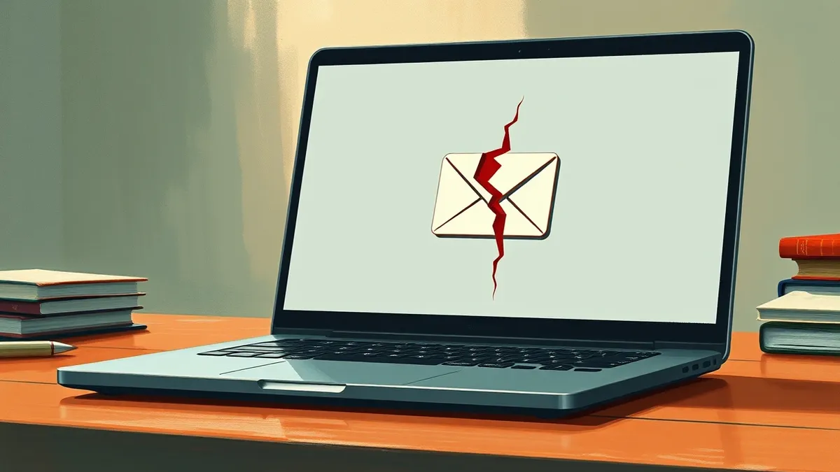 Illustration: A sleek black laptop sits on a wooden desk, its screen displaying a blank email client interface with a single unread message icon.