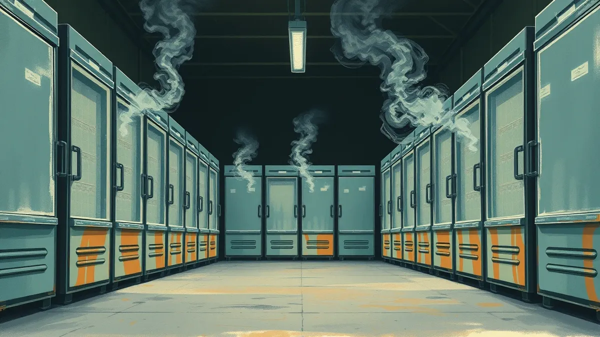 Illustration: A row of industrial supermarket freezers sits in a dim warehouse aisle.
