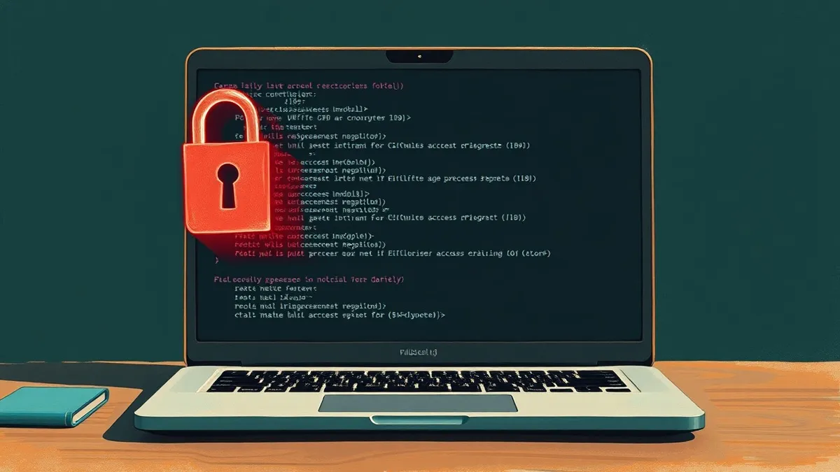 Illustration: A blank laptop screen displays lines of abstract code against a dark background.