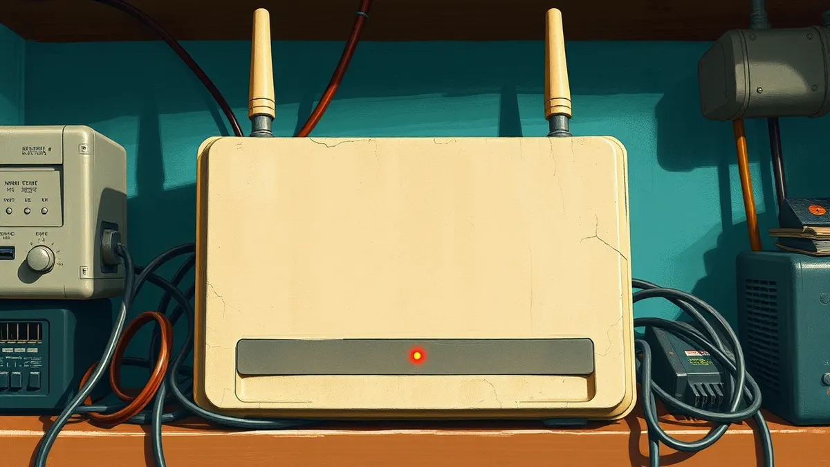 Illustration: A dusty, beige home router sits on a cluttered shelf, tangled in old ethernet cables.