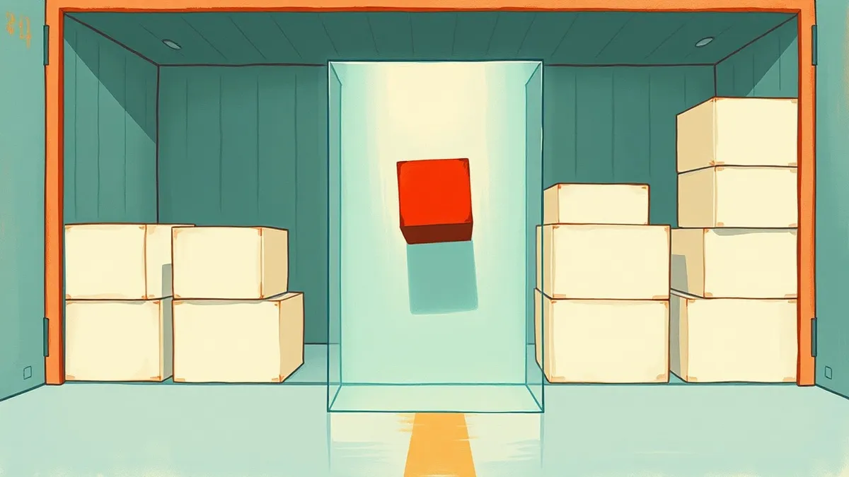 Illustration: A transparent glass barrier stands before a container, stopping a misshapen red cube from entering a neat stack of white boxes.