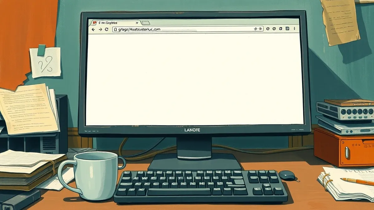 Illustration: A single computer monitor sits on a cluttered desk, displaying a blank browser window with an empty address bar and a generic download icon.