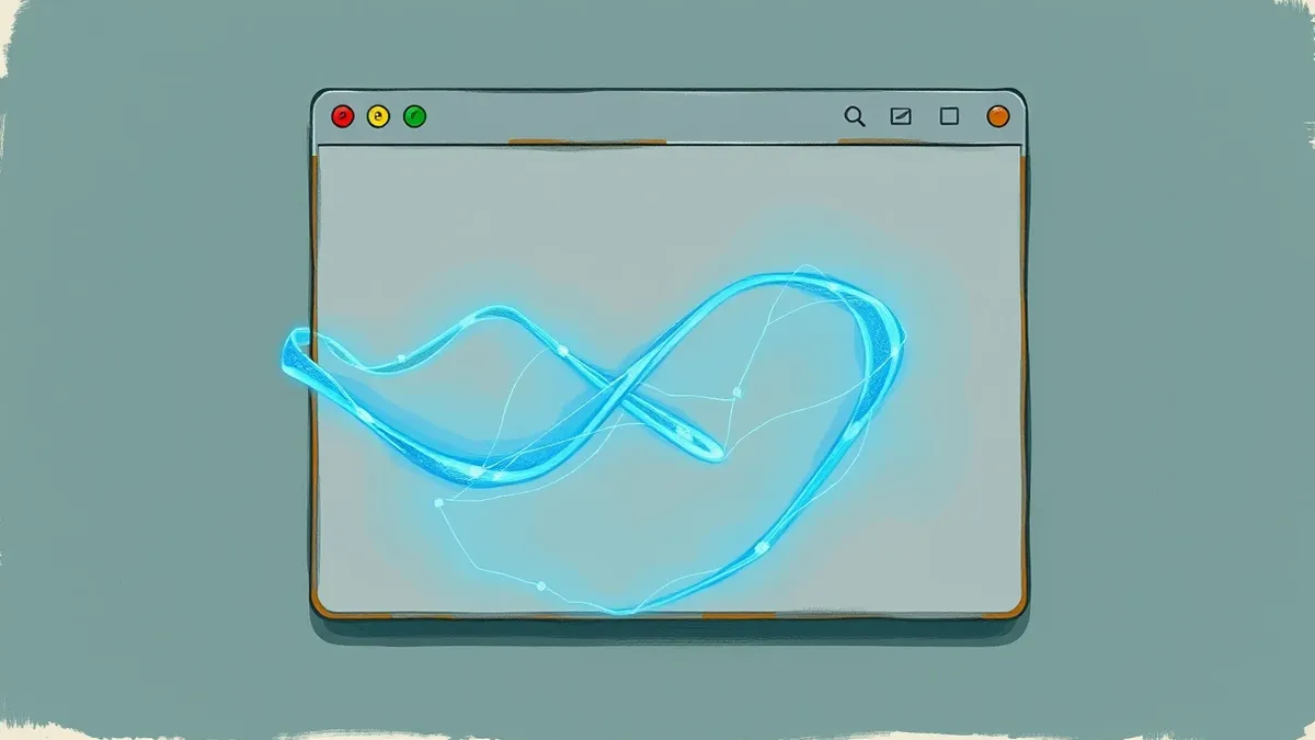 Illustration: A translucent blue digital strand wraps around a solid grey application window, slipping seamlessly into its internal structure.