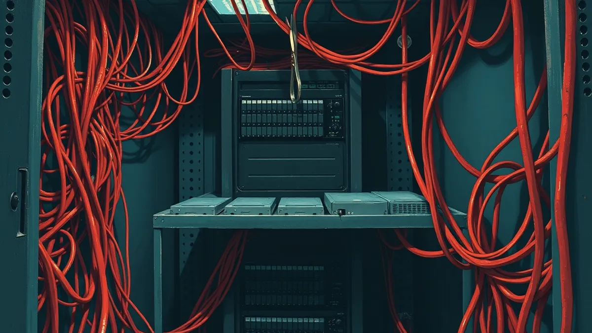 Illustration: A tangled mass of red cables connects a central server to several peripheral drives in a dark room.
