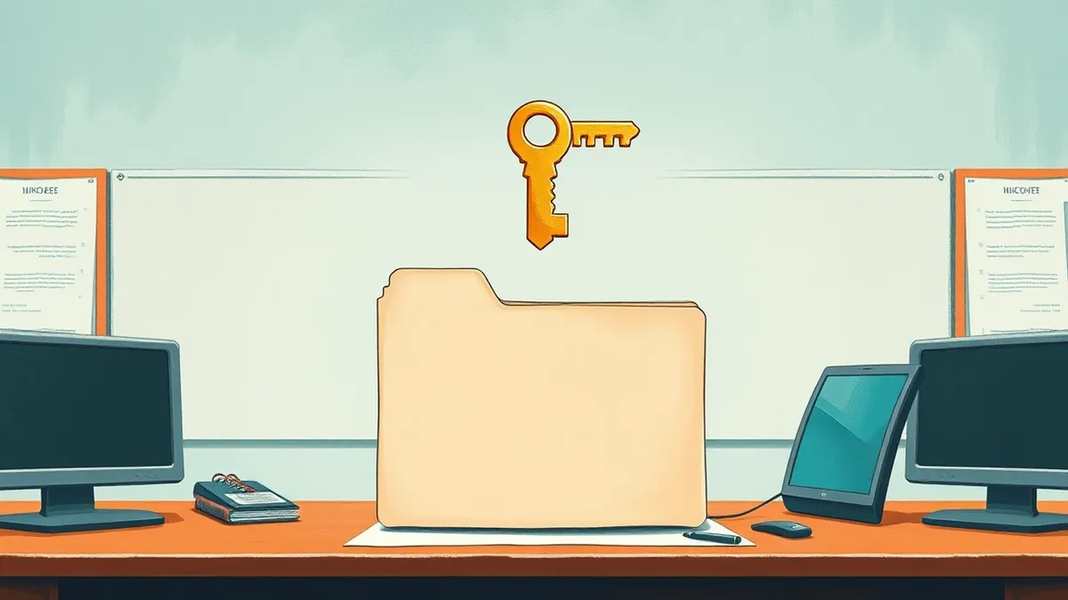 Illustration: A single blank file folder sits exposed on an open office desk.