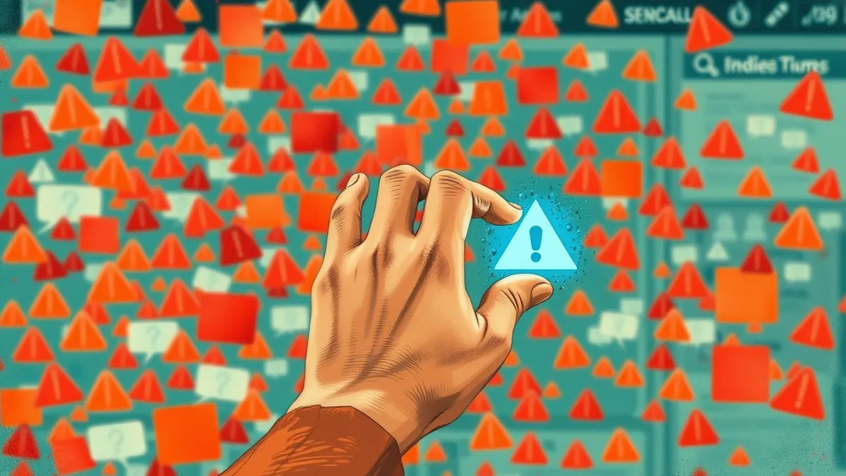 Illustration: A chaotic swirl of red and orange alert notifications floods a central digital dashboard.