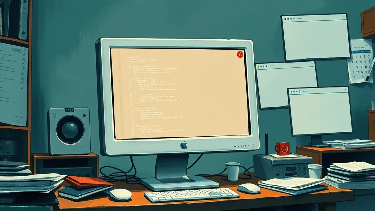 Illustration: A white computer monitor sits on a cluttered desk, displaying a blank code editor window.