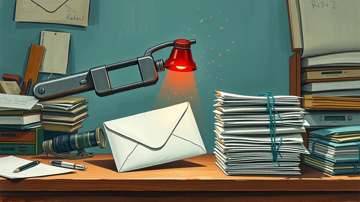 Illustration: A solitary white envelope rests on a cluttered wooden desk, partially caught in the jaws of a heavy steel clamp.