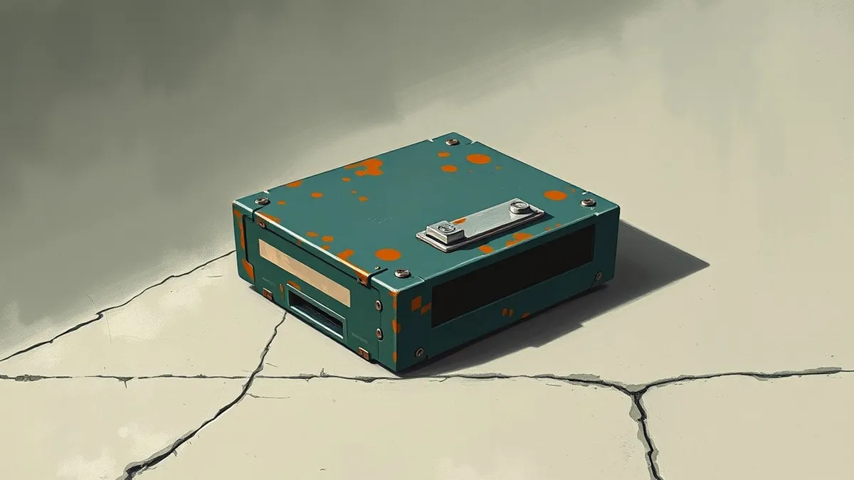 Illustration: A rugged external hard drive sits isolated on a clean concrete floor, completely detached from any cables.