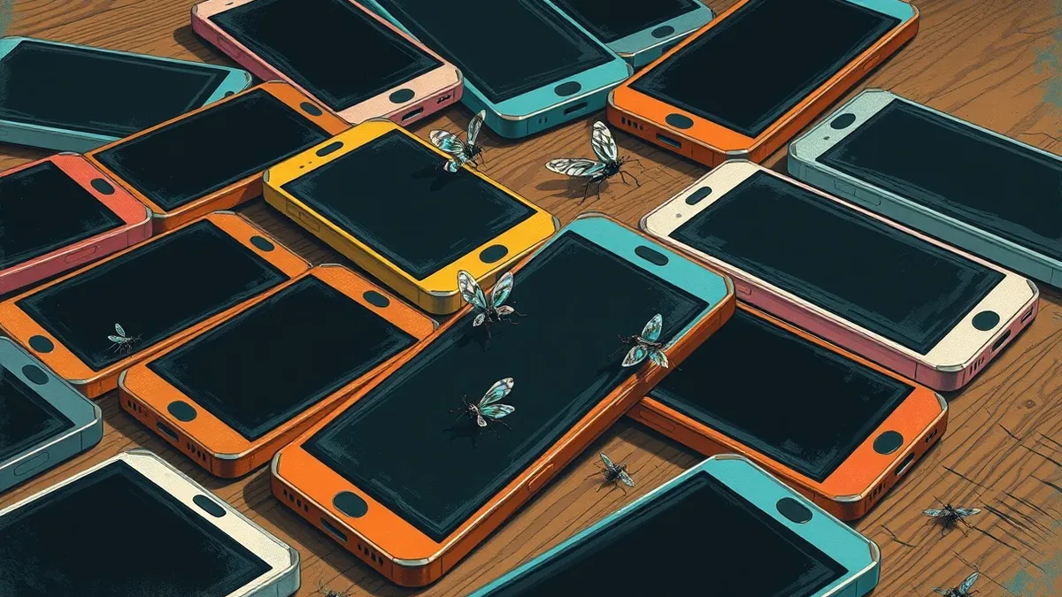 Illustration: A pile of colorful, low-cost Android smartphones rests on a wooden table, their screens completely black and off.