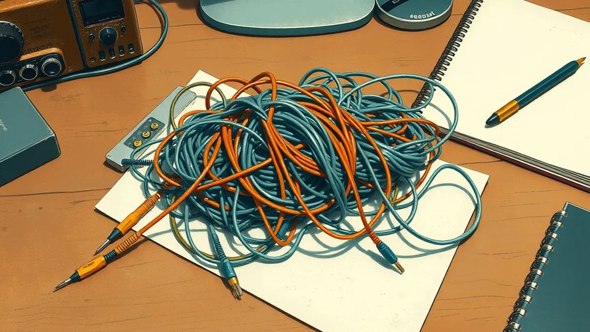 Illustration: A tangled knot of fiber optic cables lies on a wooden desk, with loose ends fraying into chaotic tangles.