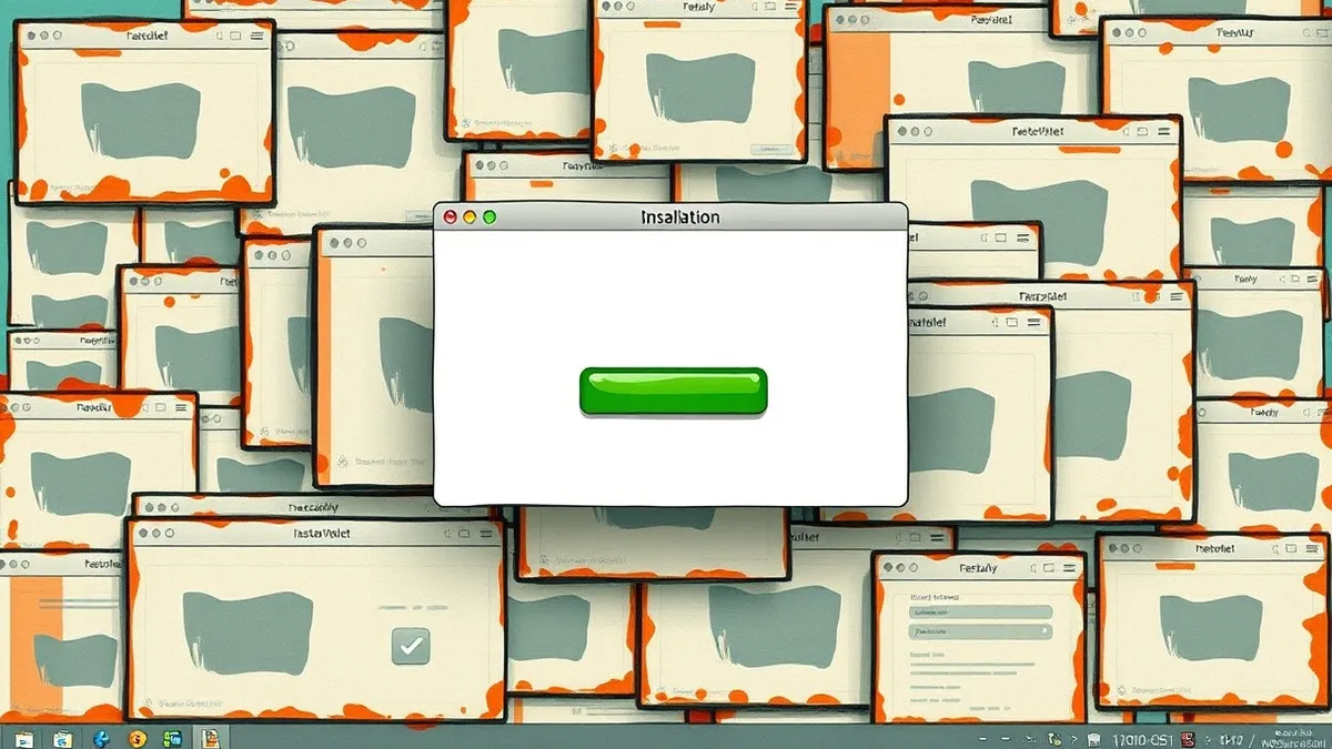 Illustration: A cluttered desktop screen displays numerous overlapping application windows with abstract gray icons.