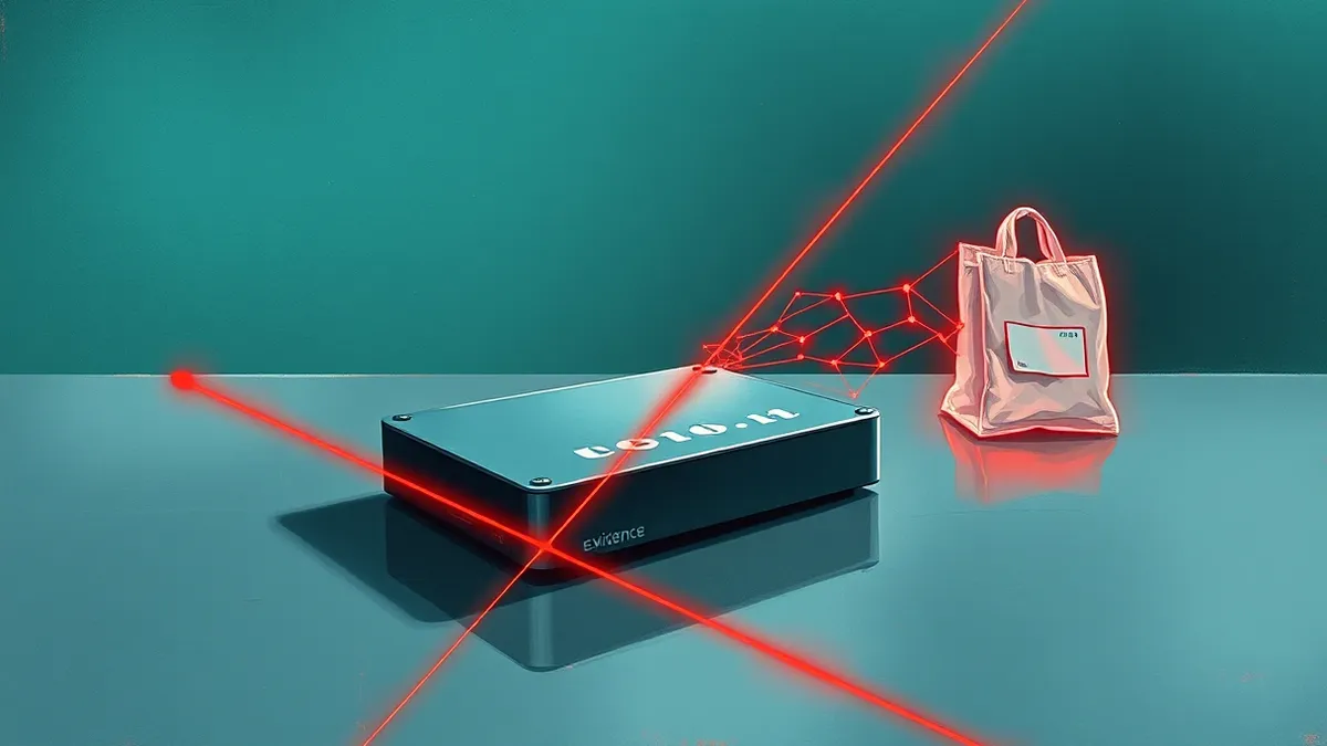 Illustration: A pristine external hard drive sits isolated on a sterile metal table under harsh clinical lighting.