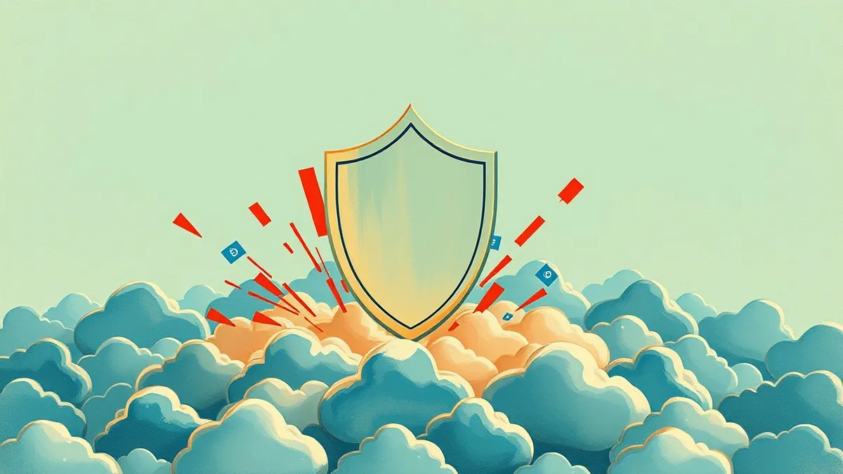 Illustration: A translucent shield hovers over a cluster of floating cloud icons, filtering chaotic red shards while letting smooth blue data streams pass through.