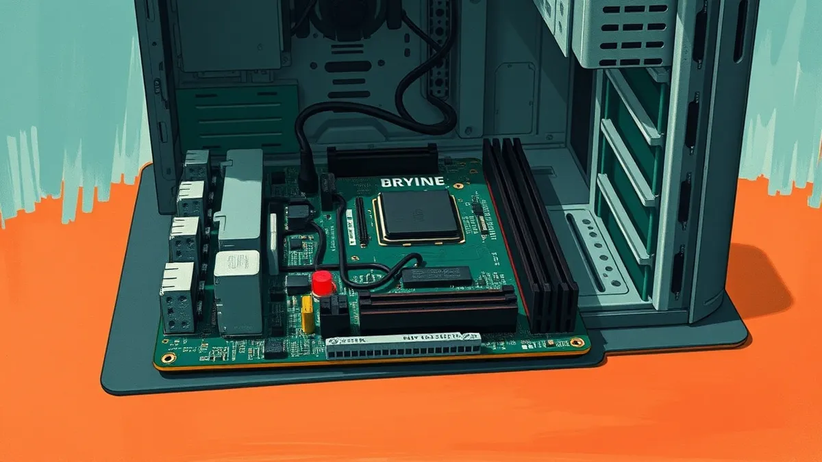 Illustration: A computer motherboard rests on an anti-static mat with its BIOS chip exposed and pulsing with a faint red light.