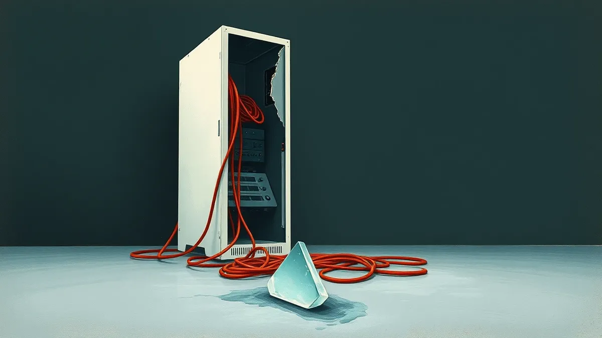 Illustration: A stark white server tower stands isolated against a dark void, its metal casing cracked open to reveal tangled red cables spilling out onto the floor.