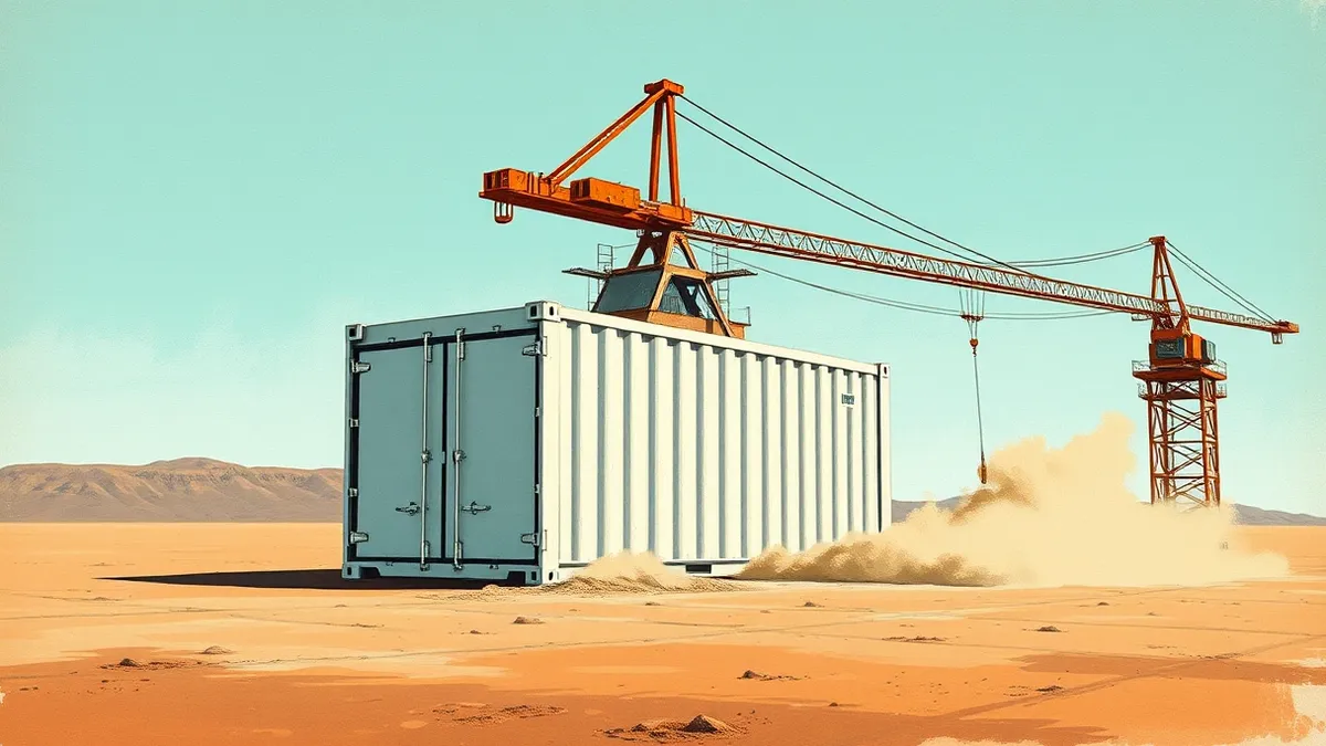 Illustration: A sleek white shipping container sits in an empty industrial field, representing a modular data center.