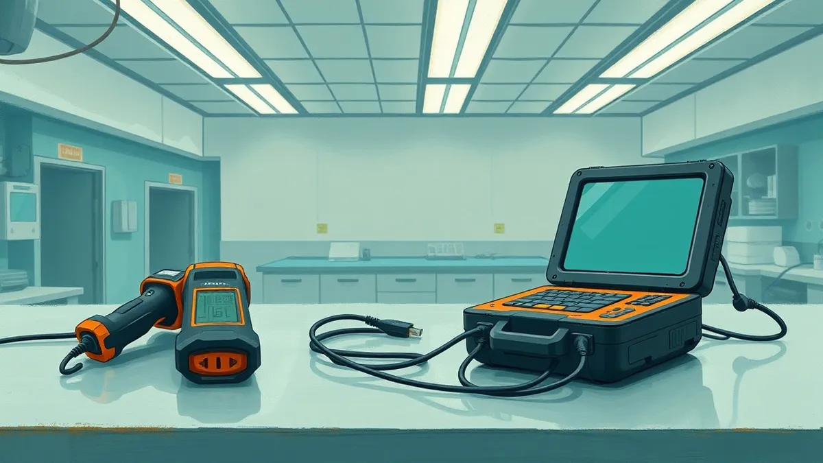 Illustration: A pair of specialized industrial barcode scanners and a rugged handheld data terminal lie scattered on a sterile laboratory table.