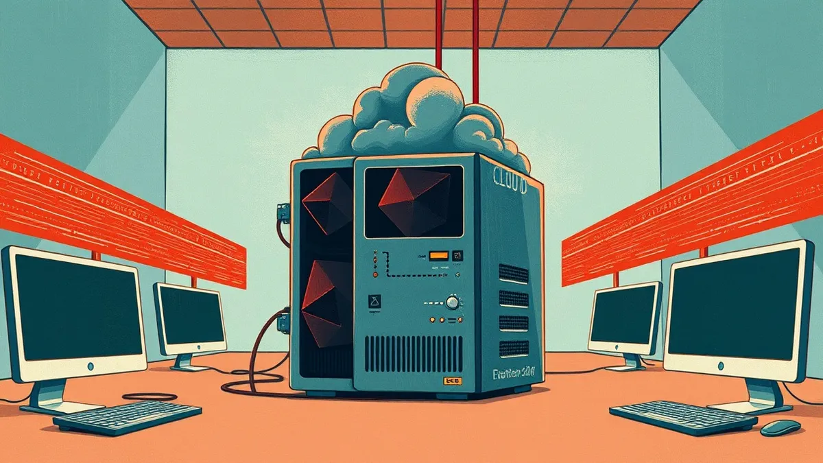Illustration: A generic cloud server instance sits in a sterile digital environment, its internal resources visibly straining under the weight of hidden, dark geometric shapes that