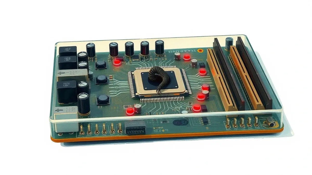 Illustration: A transparent computer motherboard rests on a clean white surface.