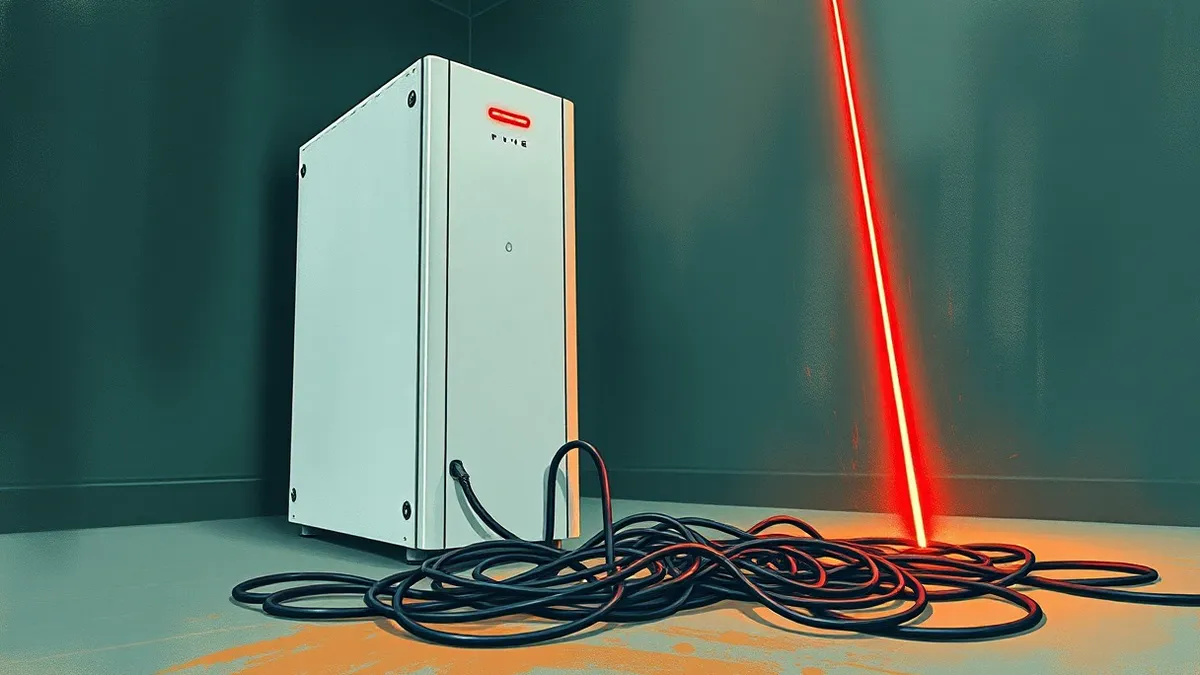 Illustration: A sleek white server tower sits in a dim room with red warning lights blinking on its front panel.