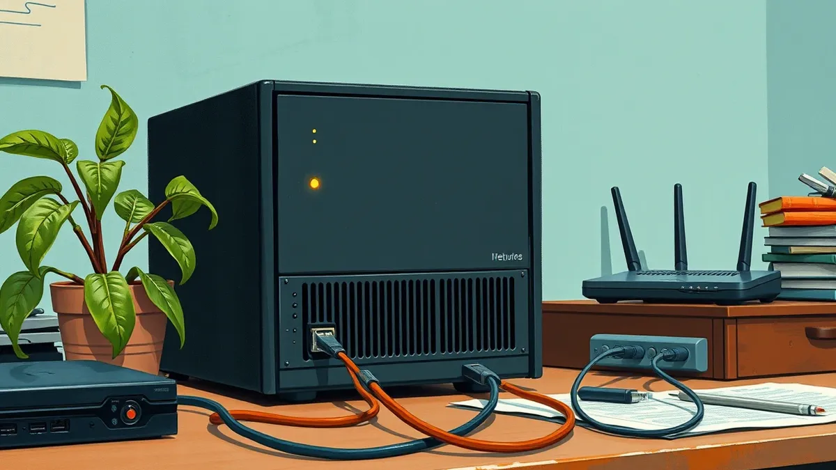 Illustration: A sleek black network appliance sits on a cluttered office desk next to a potted plant.