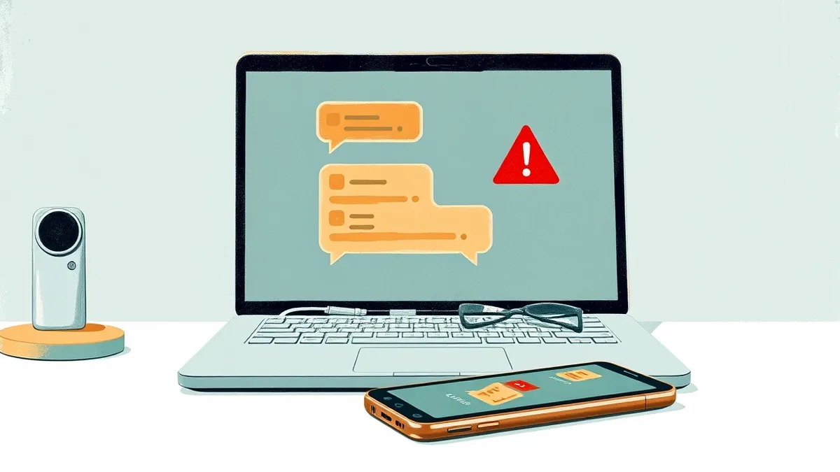 Illustration: A sleek laptop sits on a clean white desk, its screen displaying a chat interface with abstract message bubbles.