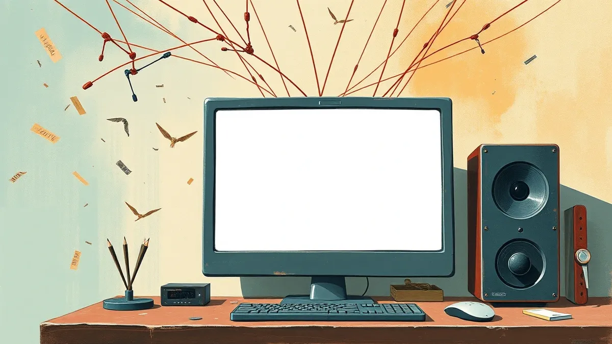 Illustration: A browser window sits on a desk with a blank white page.
