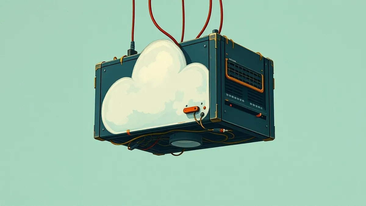 Illustration: A suspended cloud server icon floats isolated in a void, its network cables severed and drifting away.