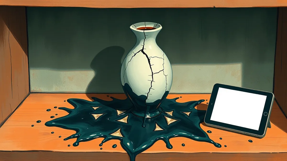 Illustration: A cracked ceramic vase sits on a dusty shelf, its jagged pieces leaking dark, viscous liquid onto the wooden surface below.
