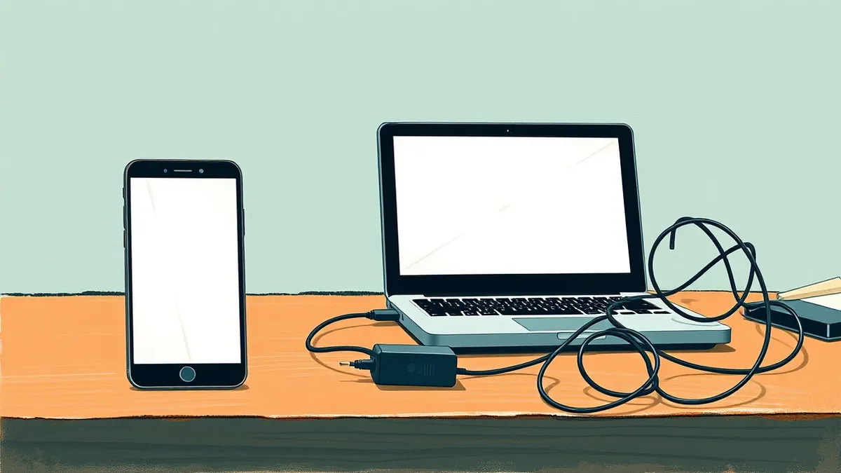 Illustration: A modern office desk holds a smartphone and a laptop, both displaying blank white screens with faint abstract geometric patterns.