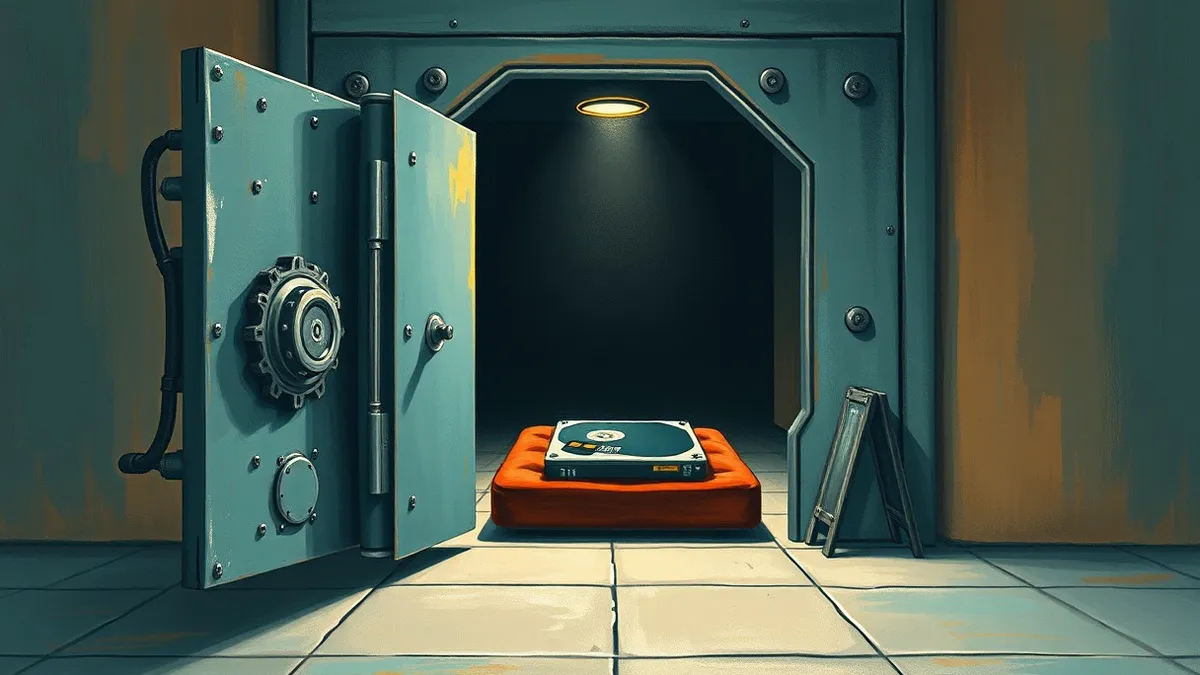 Illustration: A heavy steel vault door stands slightly ajar, revealing a single, pristine hard drive resting on a velvet cushion inside.