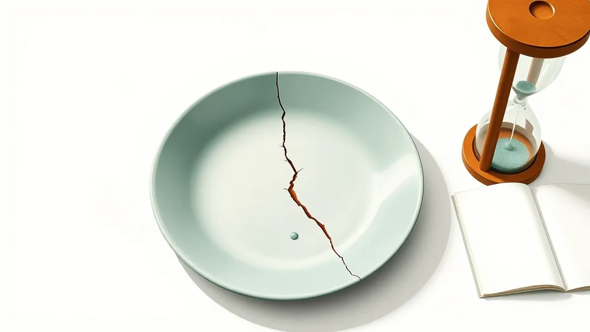 Illustration: A cracked ceramic plate rests on a clean white desk beside a simple wooden hourglass.