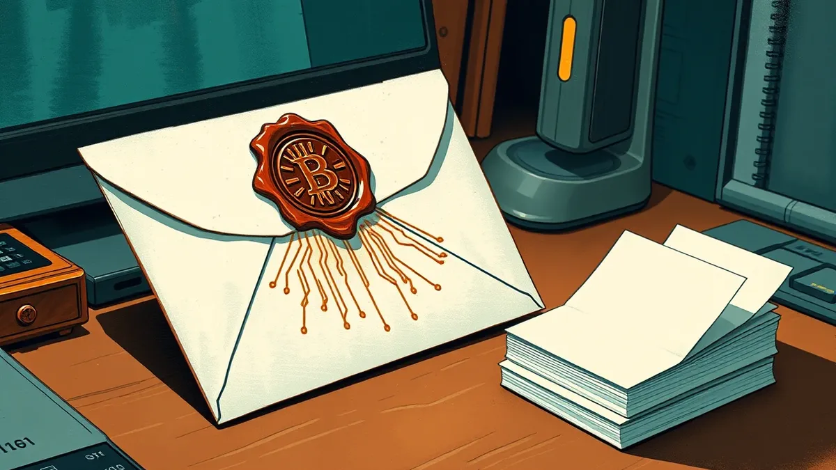 Illustration: A white envelope rests on a desk, its flap sealed with a wax stamp.