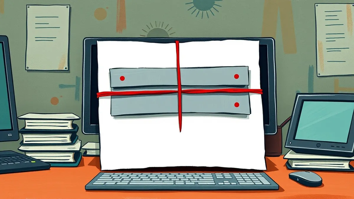 Illustration: A security analyst desk holds a blank white report bound with a red rubber band.