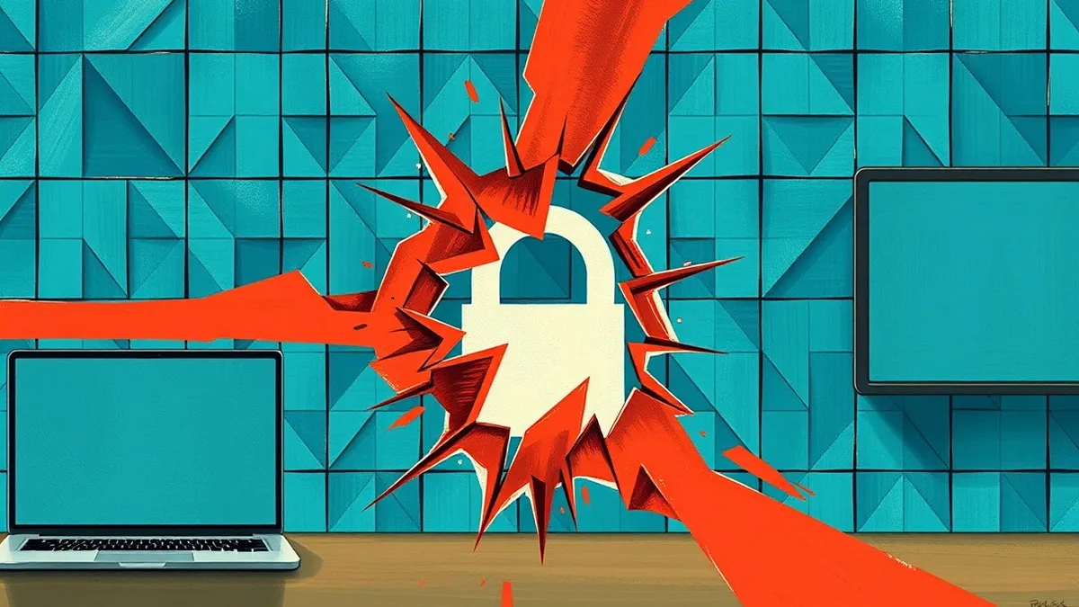 Illustration: An abstract, jagged red line representing human error tears through a neat grid of blue digital security layers.