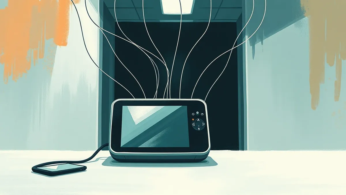 Illustration: A small, rectangular medical device rests on a sterile white table, its blank display reflecting the overhead lights.