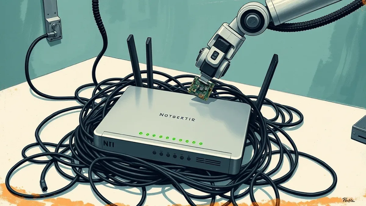 Illustration: A sterile laboratory bench holds a sleek silver router surrounded by tangled black cables.