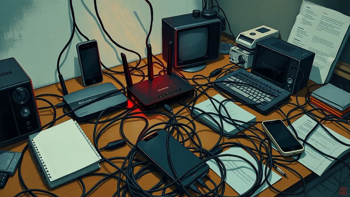 Illustration: A tangled web of thin black cables connects several generic routers and smartphones on a cluttered desk.