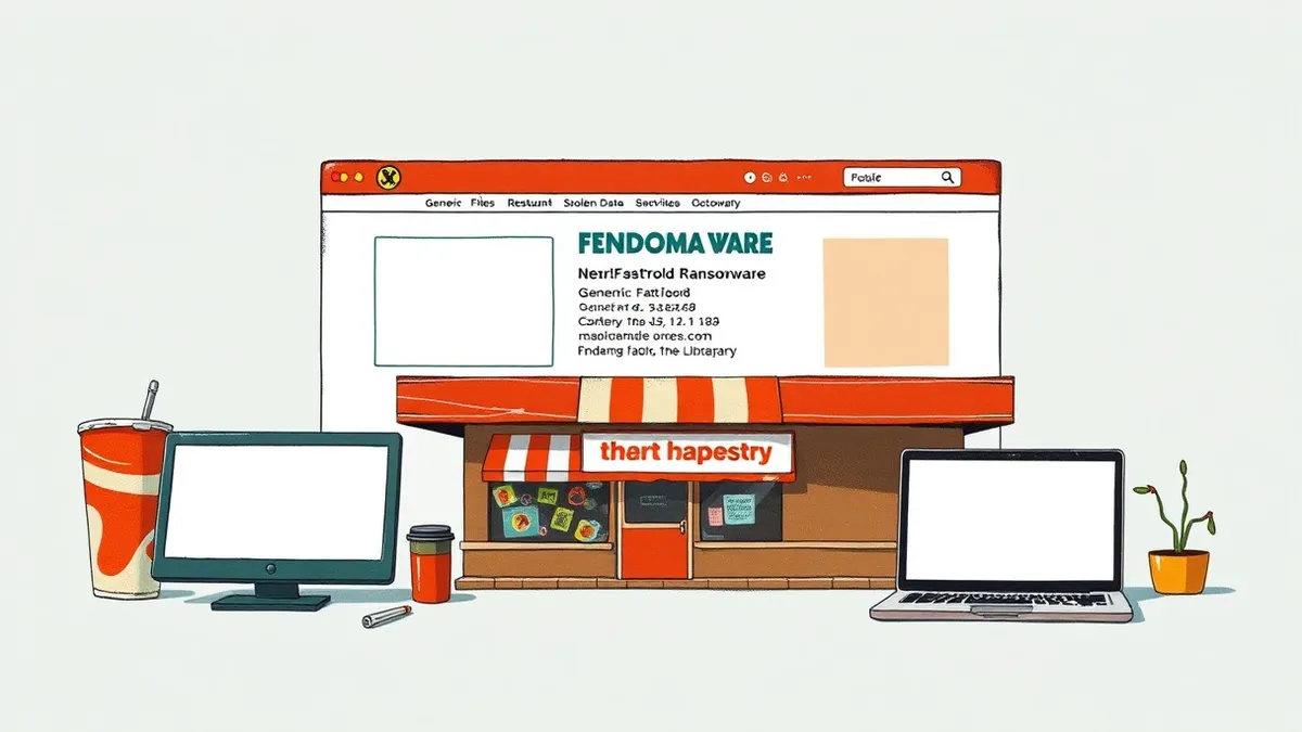 Illustration: A dark web ransomware listing page displays generic fast-food branding and public business details for a restaurant chain.