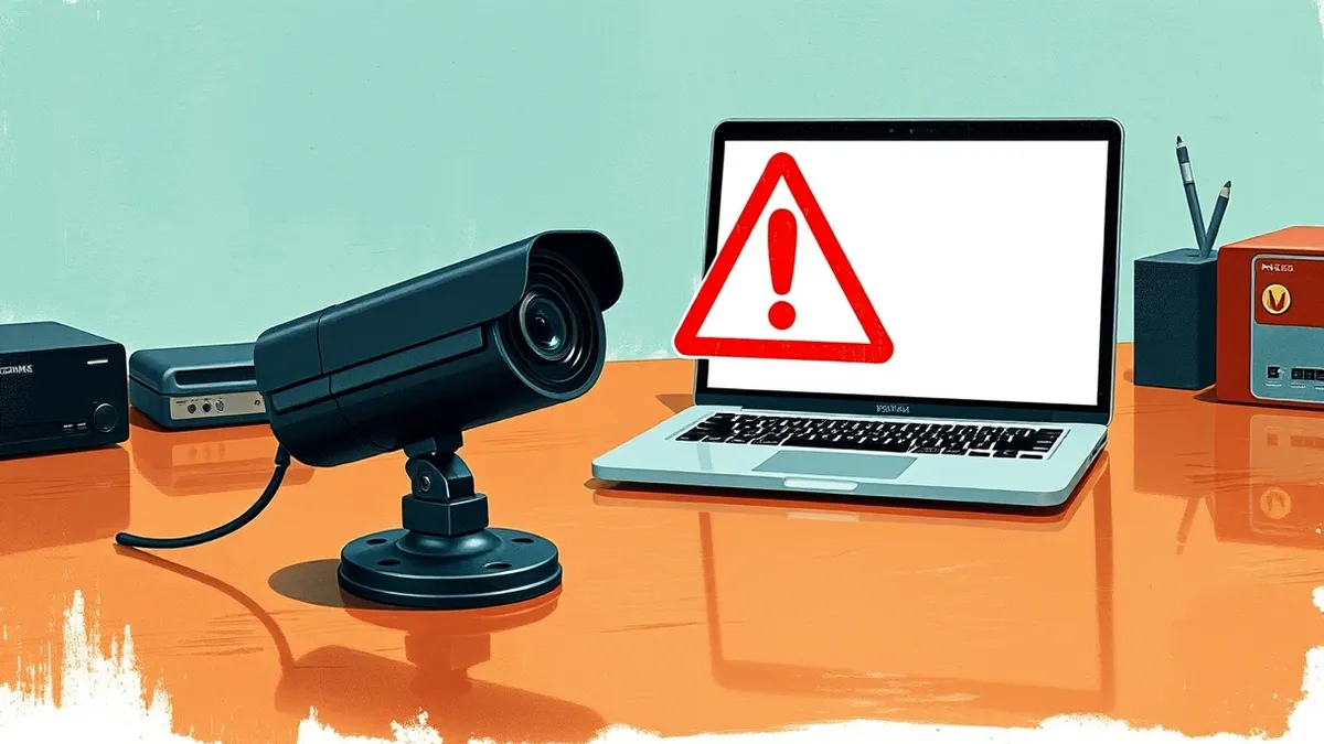 Illustration: A sleek black security camera rests on a polished wooden desk, pointing toward an open laptop with a blank white screen.